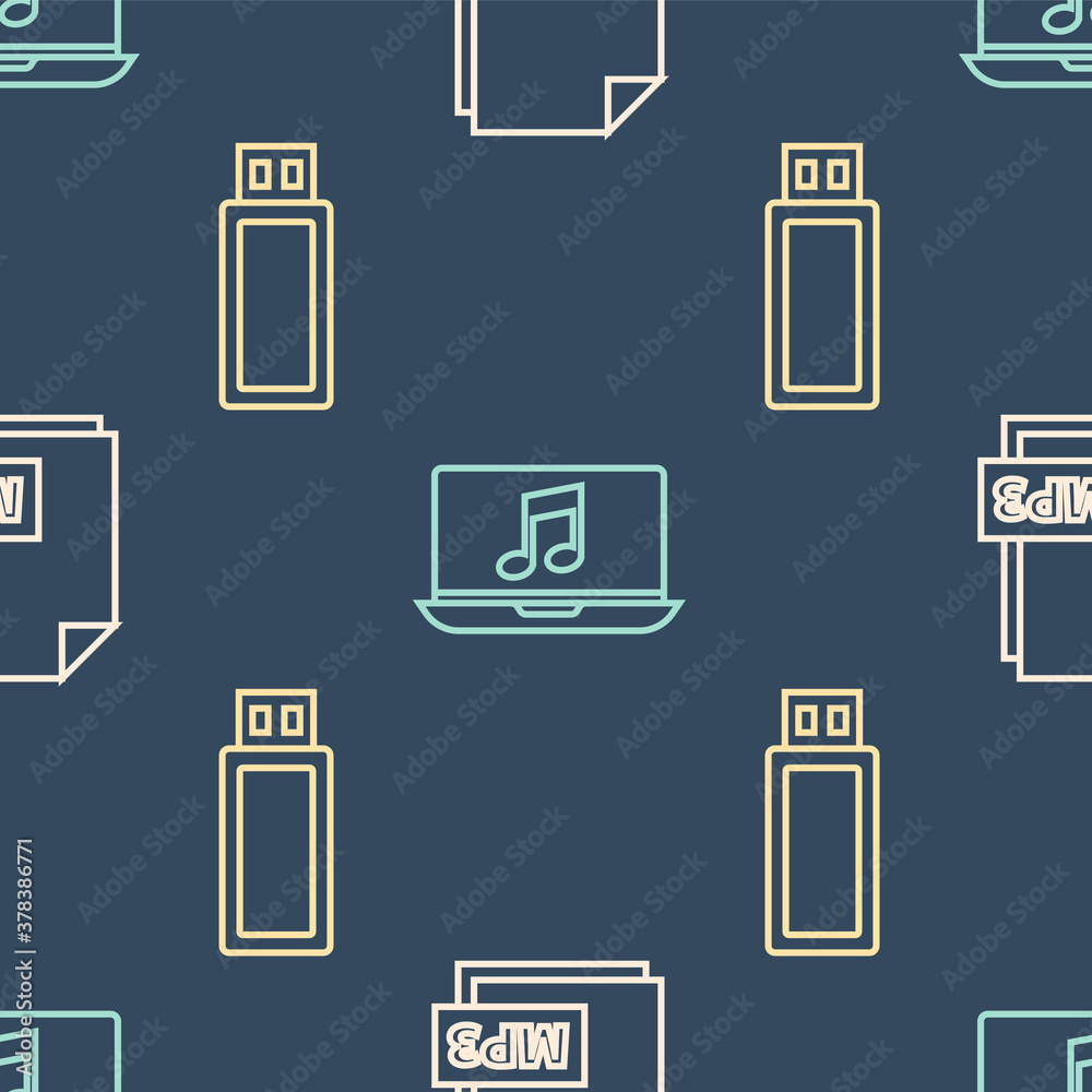 Set line MP3 file document, USB flash drive and Laptop with music note on seamless pattern. Vector.