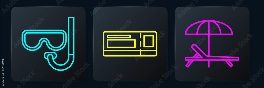 Set line Diving mask and snorkel, Sunbed and umbrella and Travel ticket. Black square button. Vector