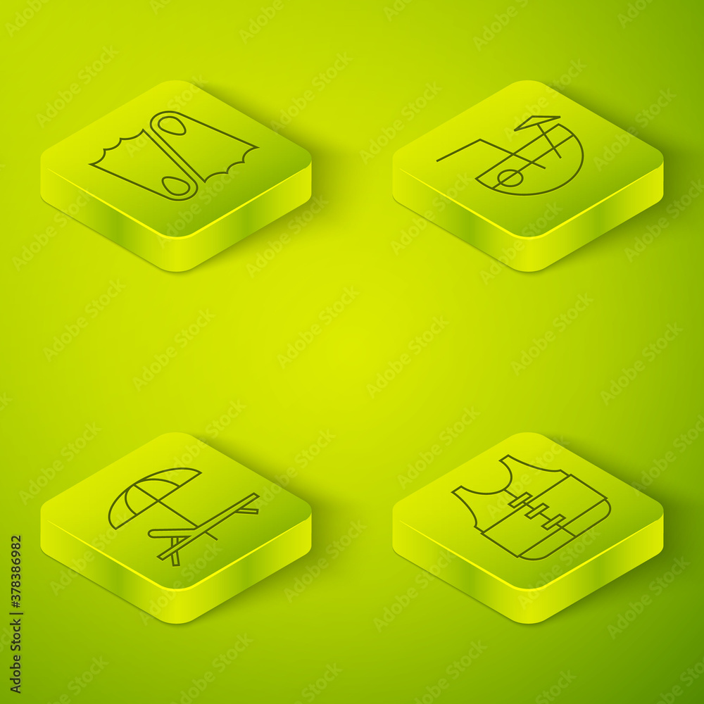 Set Isometric Coconut cocktail, Sunbed and umbrella, Life jacket and Rubber flippers icon. Vector.