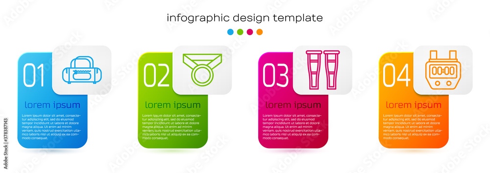 套装运动包、奖章、拐杖和秒表。商业信息图模板。矢量。