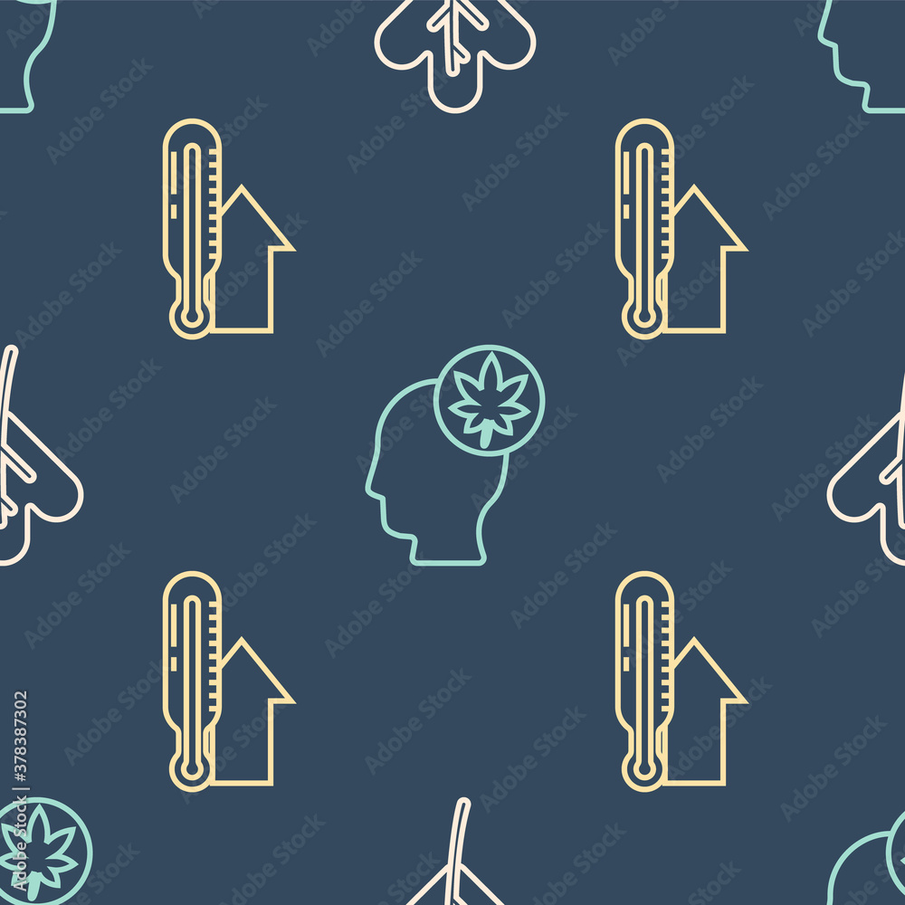 Set line Leaf or leaves, Meteorology thermometer and Human head with leaf on seamless pattern. Vecto