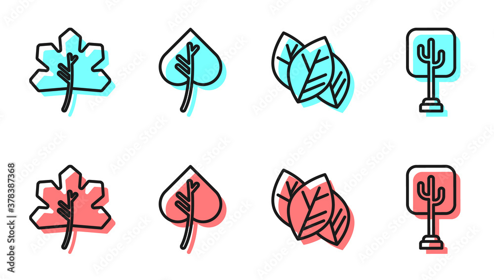 设置行Leaf or leaves、Leaf or leaves、Leap or leaves和Tree icon.Vvector。