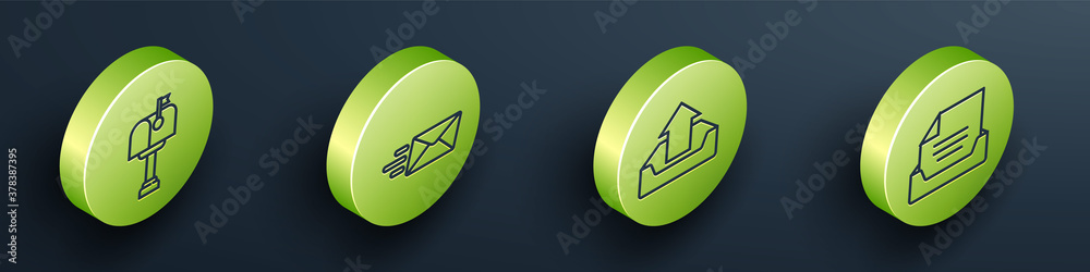 Set Isometric Mail box, Express envelope, Upload inbox and Drawer with document icon. Vector.