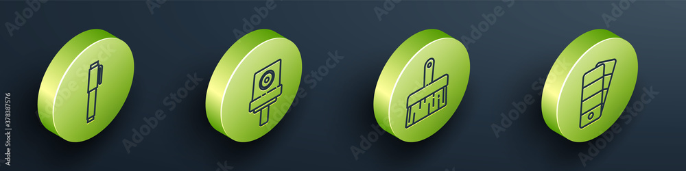 Set Isometric Pen, Spray can nozzle cap, Paint brush and Palette icon. Vector.