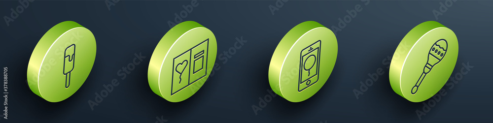 Set Isometric Ice cream, Greeting card, Mobile with birthday message and Maracas icon. Vector.