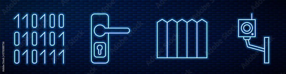 Set line Garden fence wooden, Binary code, Door handle and Security camera. Glowing neon icon on bri