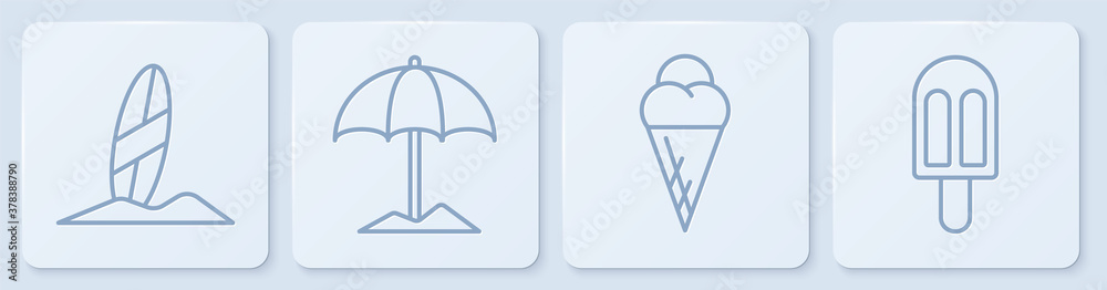 Set line Surfboard, Ice cream in waffle cone, Sun protective umbrella for beach and Ice cream. White