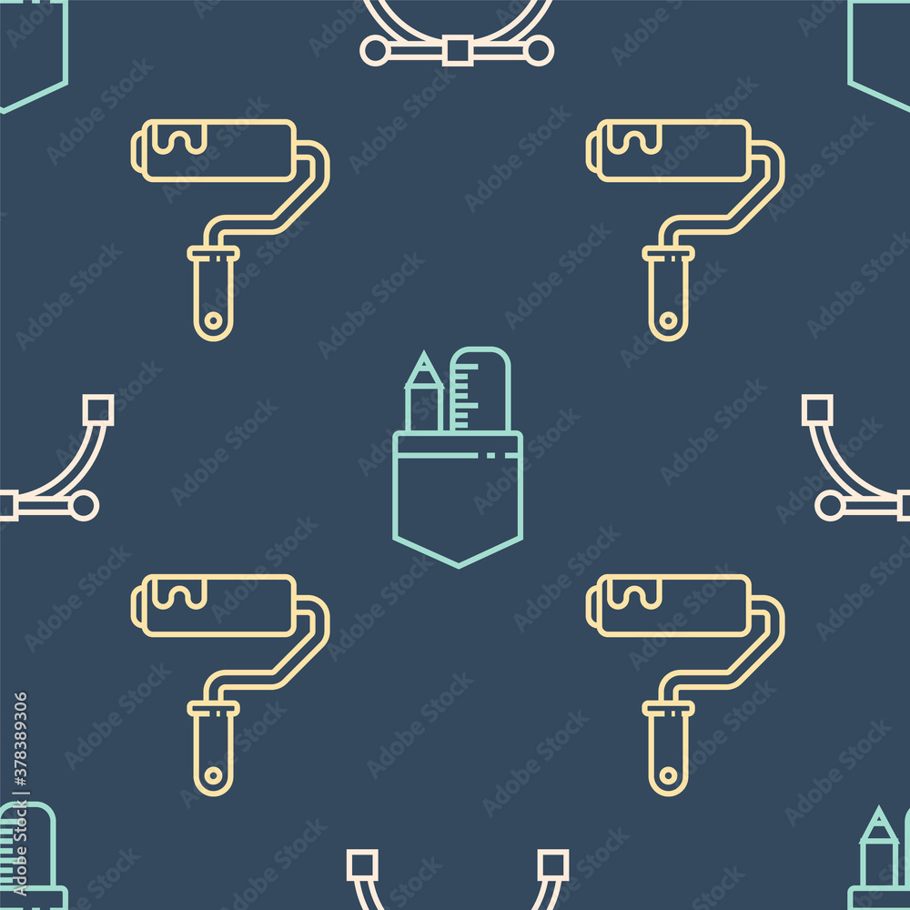 Set line Bezier curve, Paint roller brush and Crossed ruler and pencil on seamless pattern. Vector.