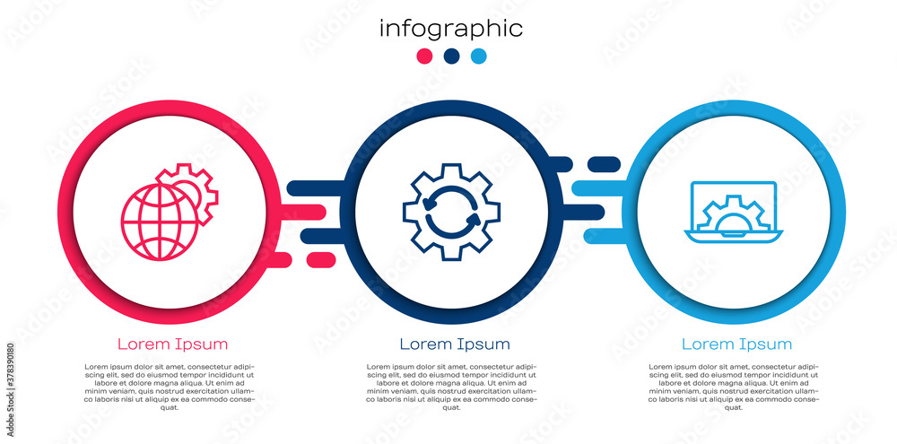 Set line Globe of the Earth and gear, Gear arrows as workflow and Laptop. Business infographic templ