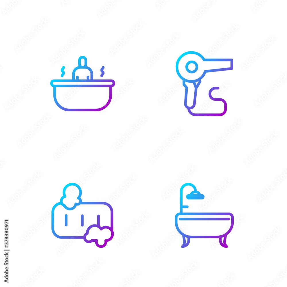 Set line Bathtub, Bar of soap with foam, and Hair dryer. Gradient color icons. Vector.