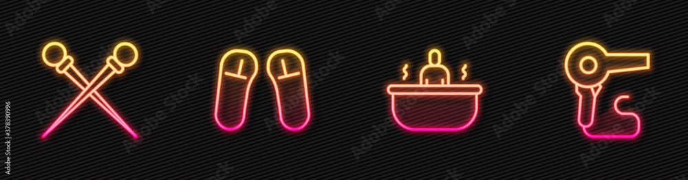 Set line Bathtub, Knitting needles, Slipper and Hair dryer. Glowing neon icon. Vector.