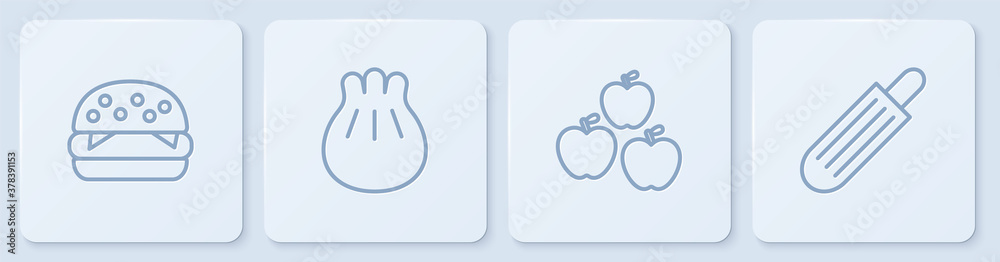 Set line Burger, Apple, Khinkali on cutting board and French hot dog. White square button. Vector.