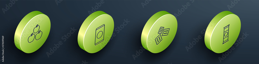 Set Isometric Apple, Soda can with straw, Cracker biscuit and Chocolate bar icon. Vector.