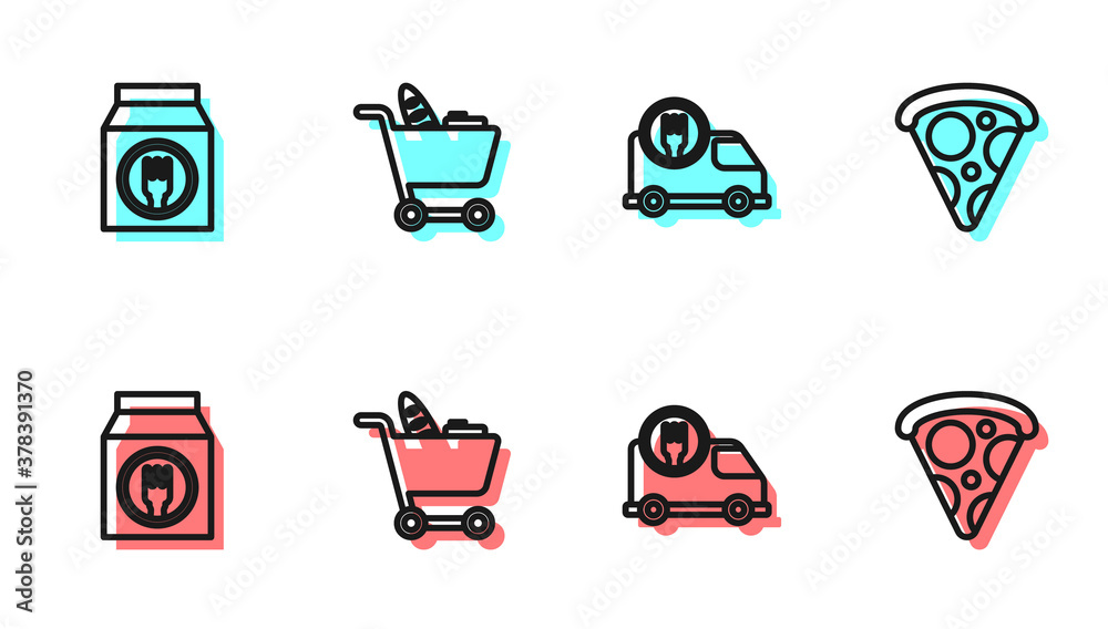 Set line Fast delivery by car, Online ordering and, Shopping cart food and Slice of pizza icon. Vect