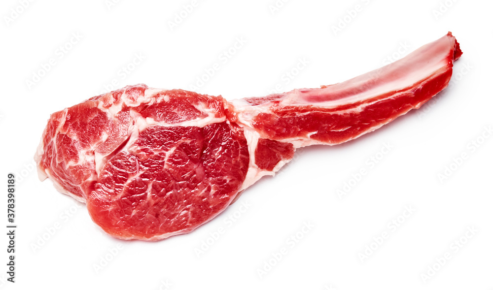 Slice of mutton meat isolated on white. Top view of mutton steak.