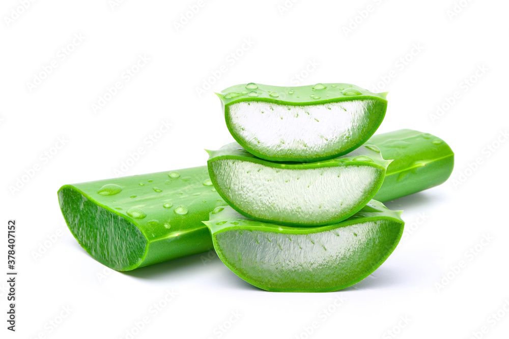 Fresh Aloe vera sliced with water drops isolated on white background.