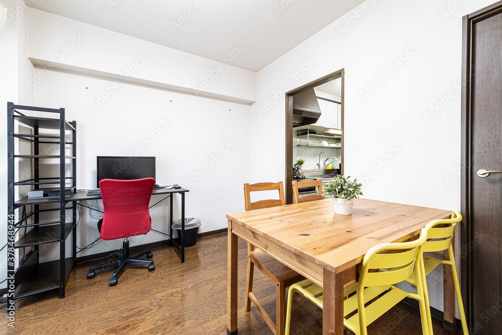 Brown wood dining table in the living room of an old Japanese-style house