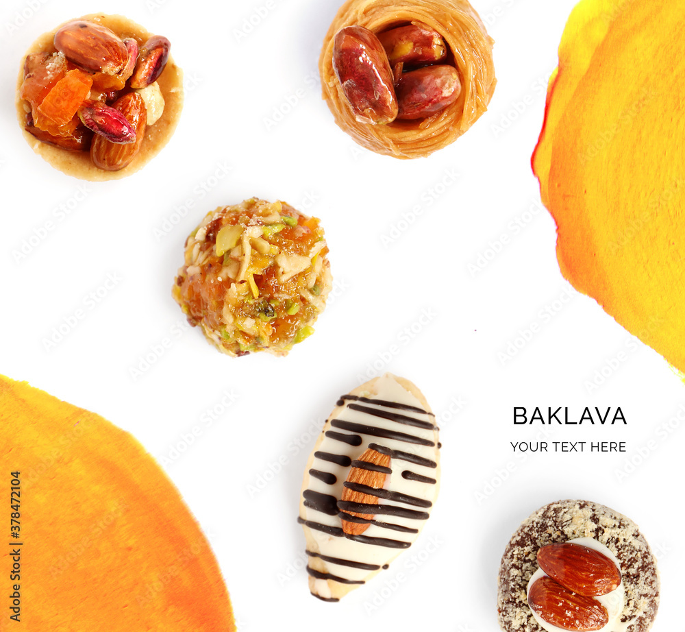 Creative layout made of baklava. Sweets abstract background. Baklava on the white background.