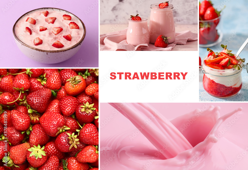 Collage of photos with tasty strawberry yogurt