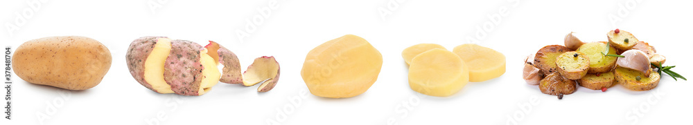 Raw and baked potatoes on white background