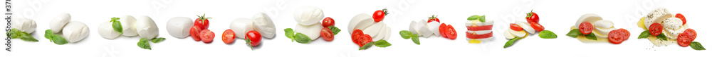 Mozzarella cheese with tomatoes and basil on white background