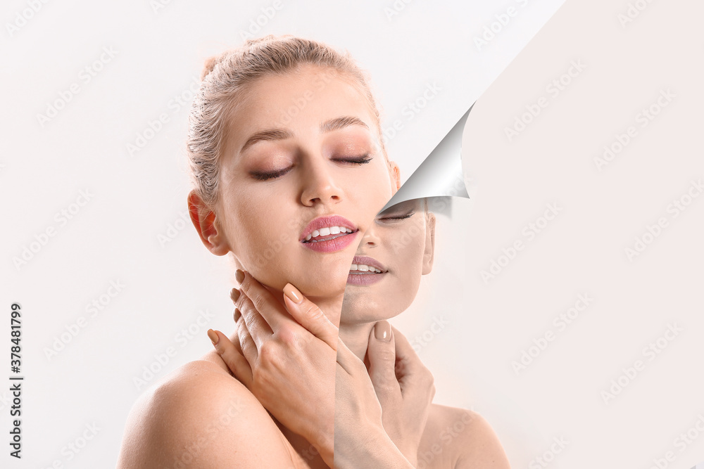 Young woman before and after facial cleansing procedure on light background