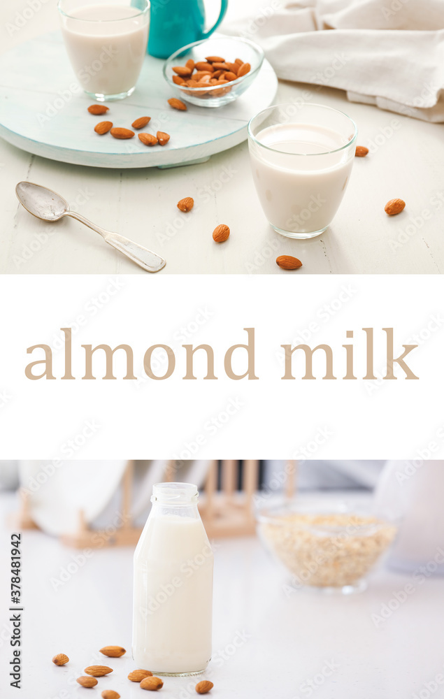 Collage of photos with tasty almond milk