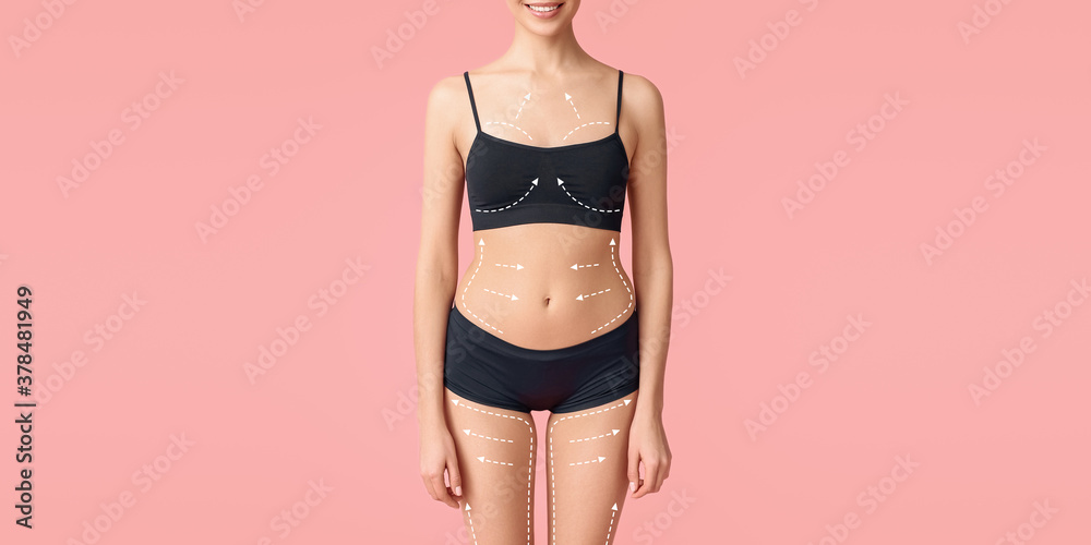 Young woman on color background. Weight loss concept