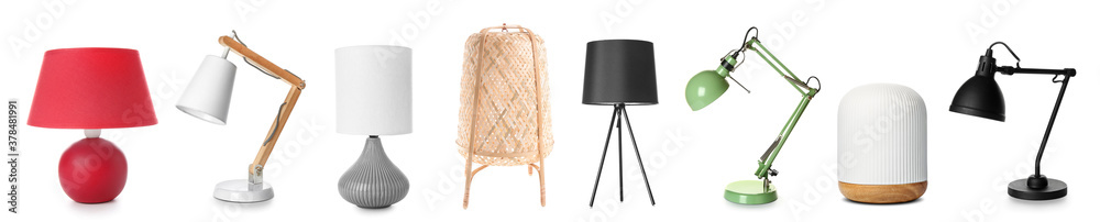 Different stylish lamps on white background