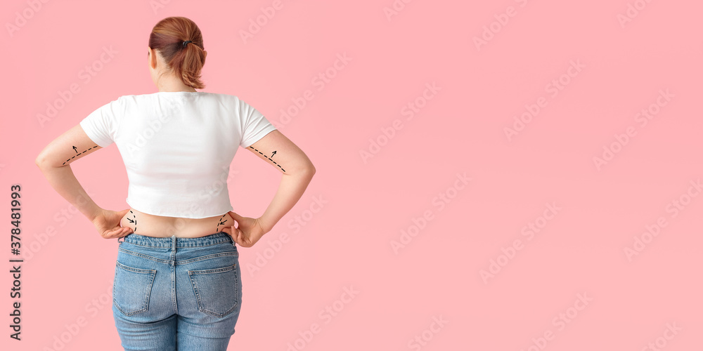 Overweight woman on color background, back view. Weight loss concept