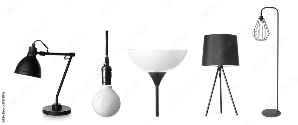 Different stylish lamps on white background