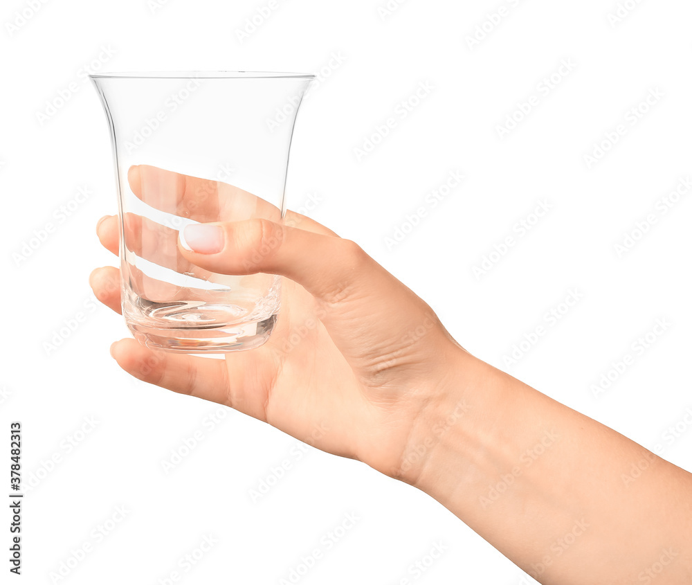 Hand with empty glass on white background