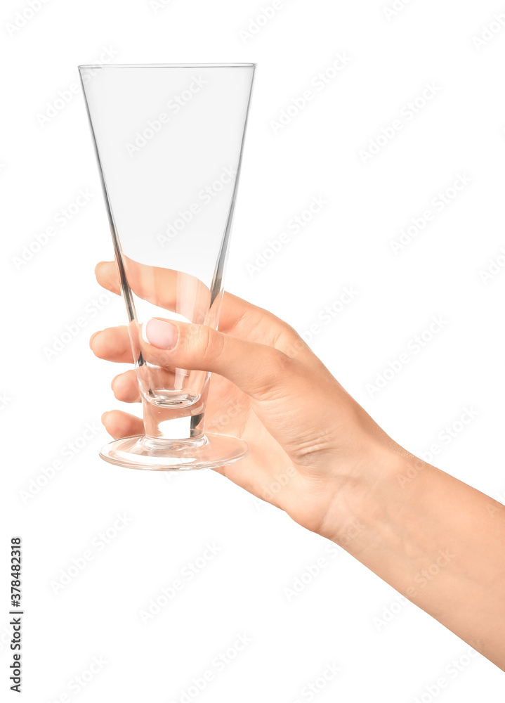 Hand with empty glass on white background