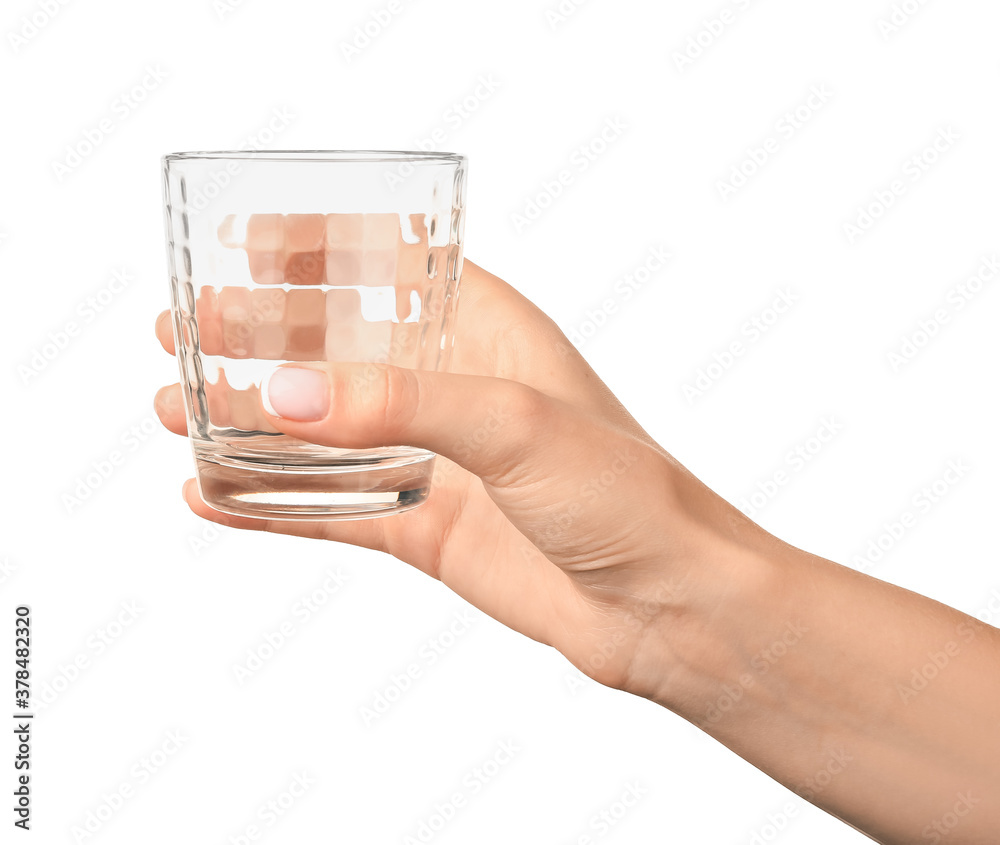 Hand with empty glass on white background