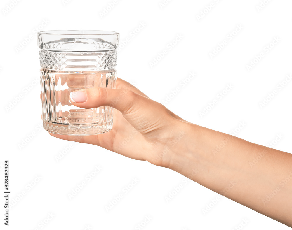 Hand with empty glass on white background