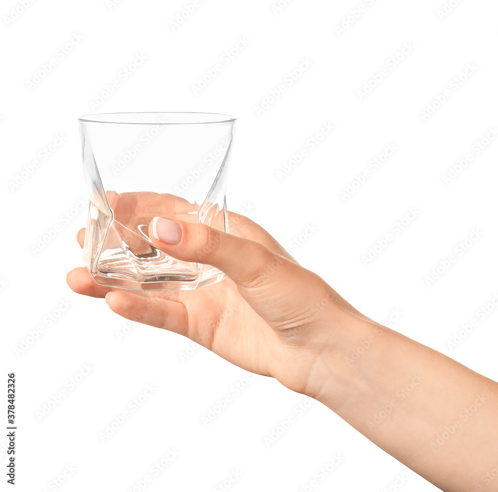 Hand with empty glass on white background