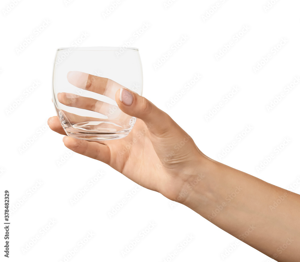 Hand with empty glass on white background