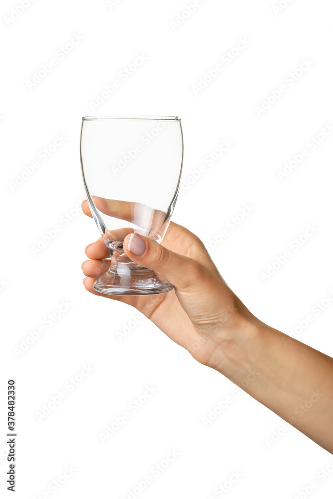 Hand with empty glass on white background