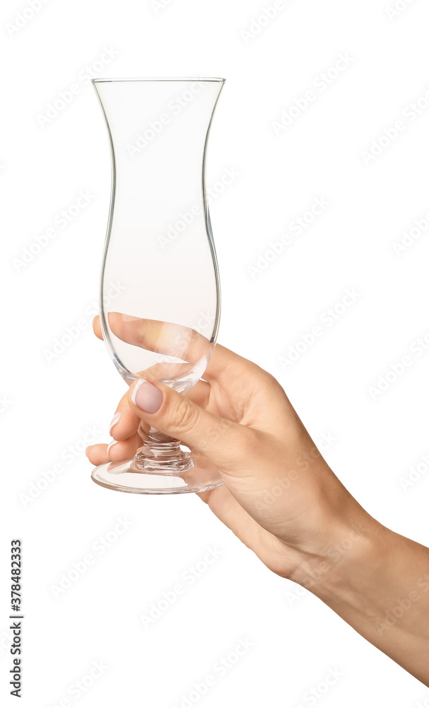 Hand with empty glass on white background