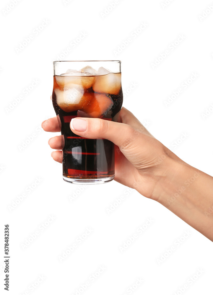 Hand with glass of tasty cola on white background