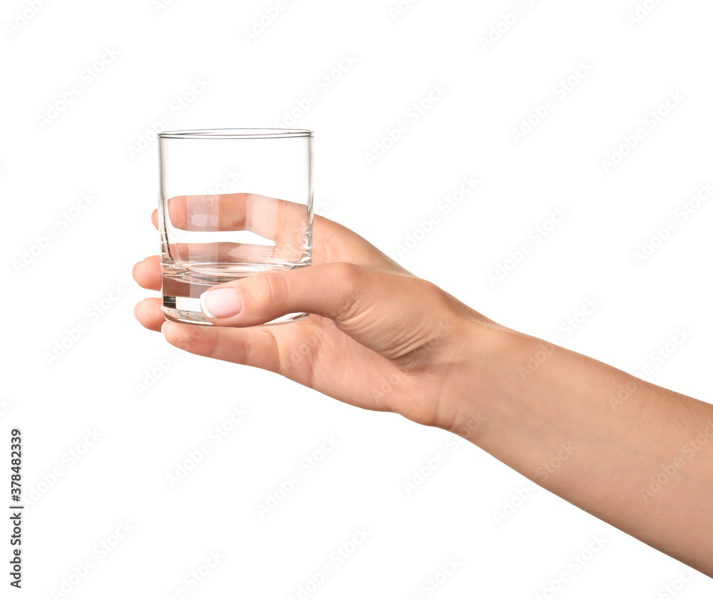 Hand with empty glass on white background