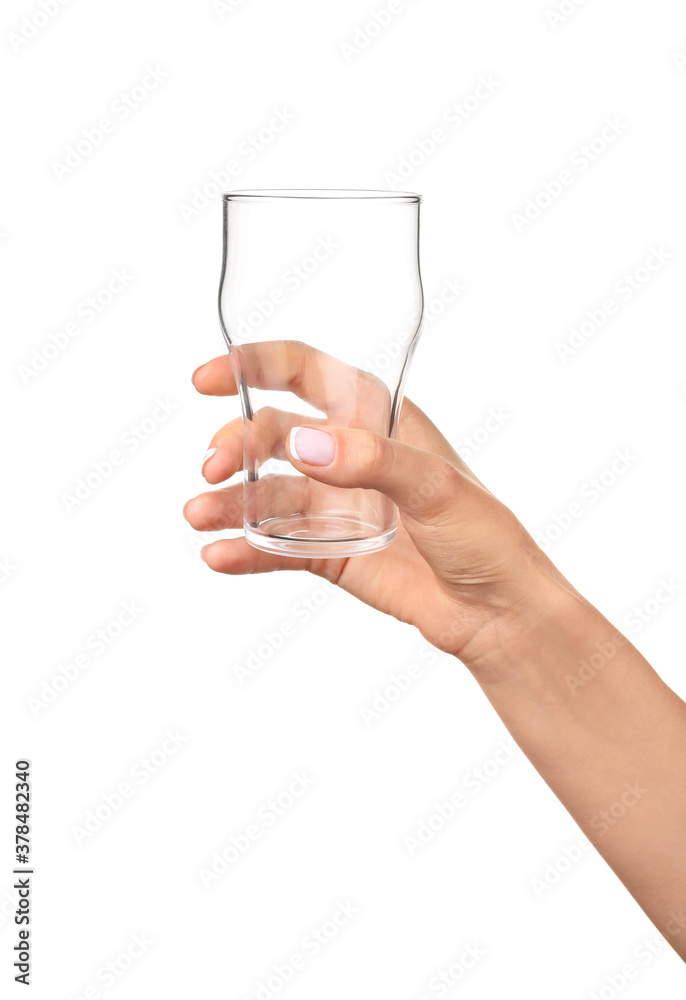 Hand with empty glass on white background