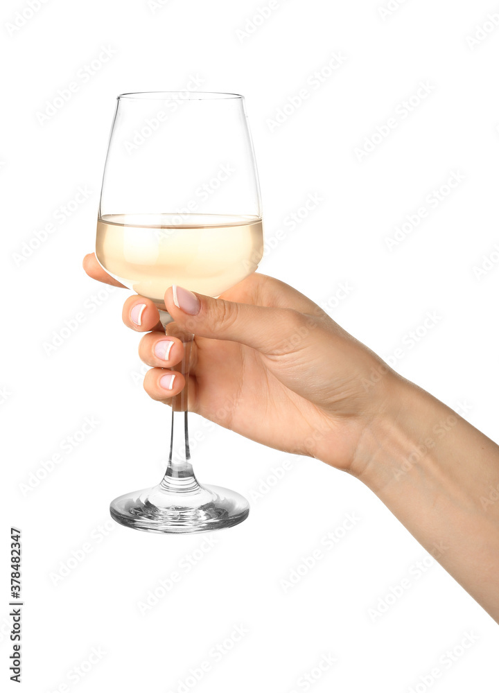 Hand with glass of wine on white background