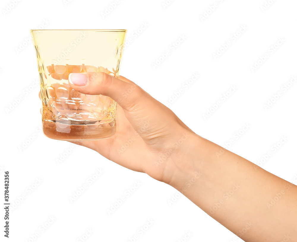 Hand with empty glass on white background