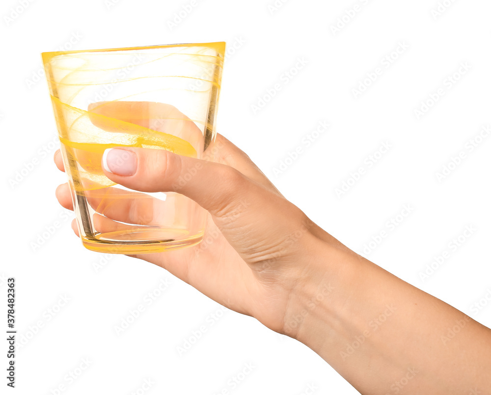 Hand with empty glass on white background