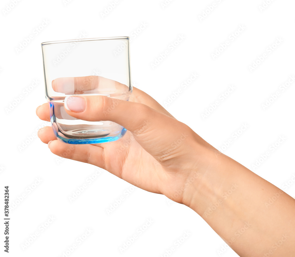 Hand with empty glass on white background