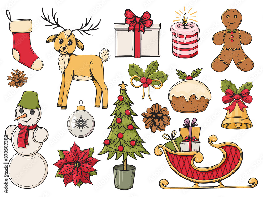 Set of colorful hand drawn christmas elements. Traditional winter objects.Vector illustration. Isola