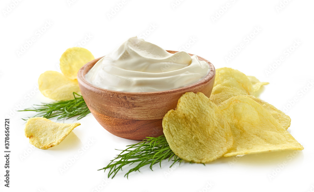 potato chips and bowl of sour cream dip