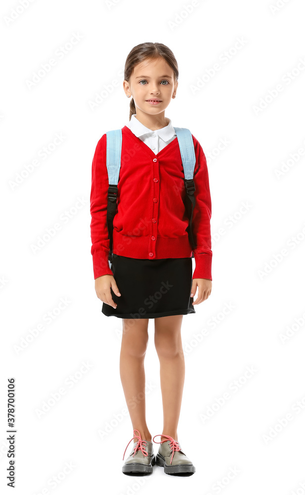 Little schoolgirl on white background