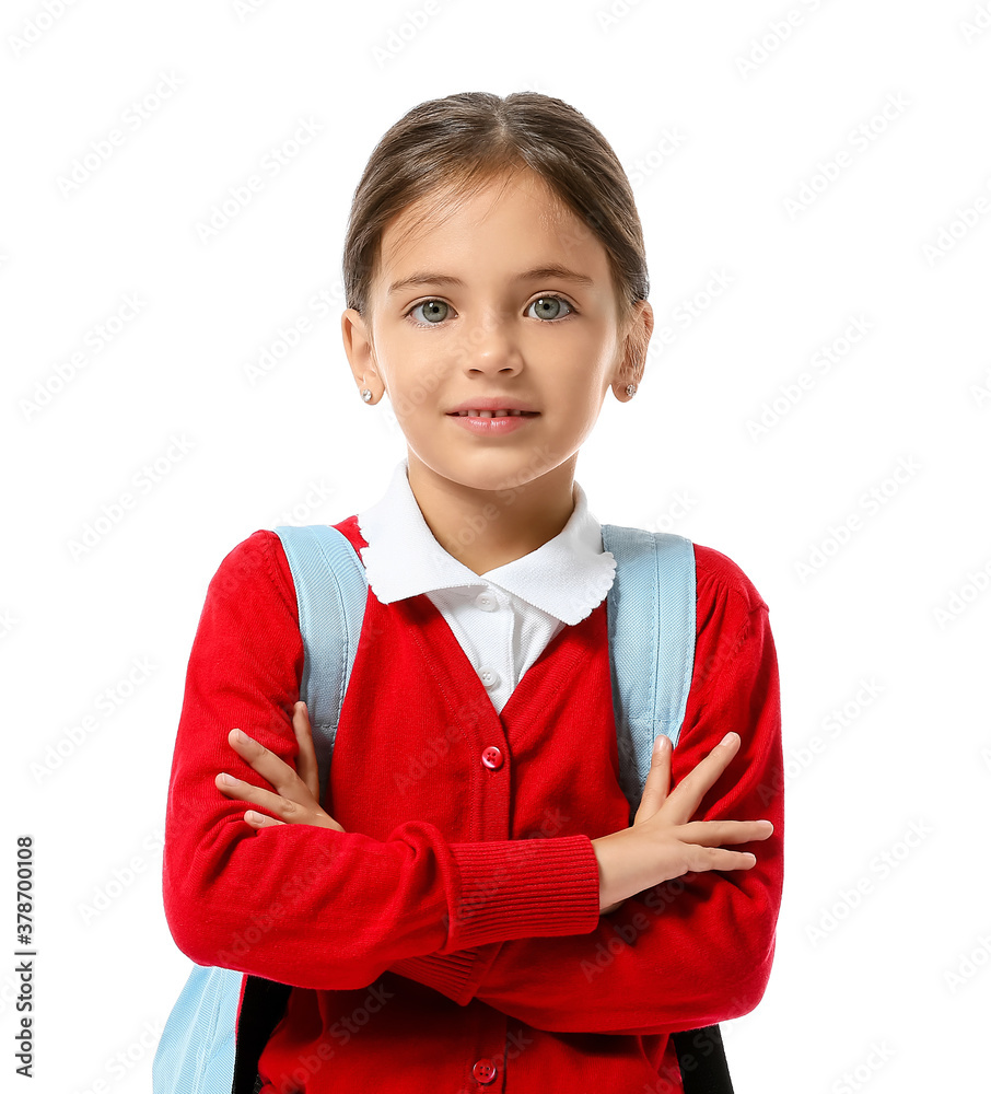 Little schoolgirl on white background